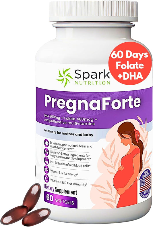 Spark Nutrition Pregnaforte Prenatal Vitamins - 2 Month Supply with Essential Nutrients for Women - Folic Acid, Omega 3, Vitamin D, B6, B12, C, E, Calcium, Iron, Magnesium, Zinc - FSA/HSA Eligible