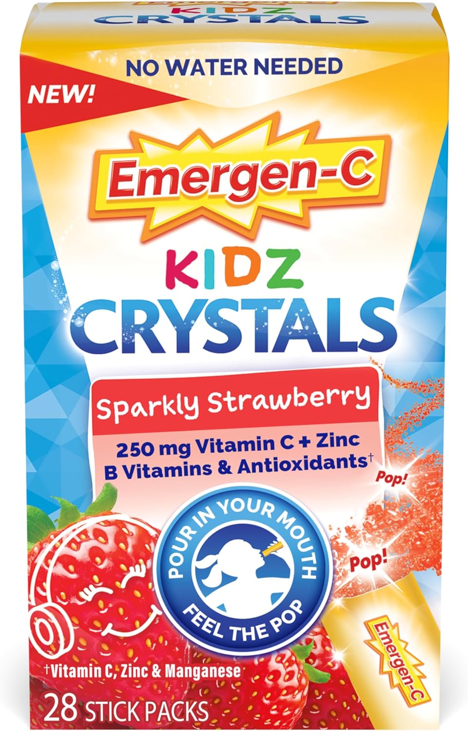 Sparkly Strawberry Emergen-C Kidz Crystals - On-The-Go Immune Support Supplement with Vitamin C, B Vitamins, Zinc, Manganese - 28 Stick Packs