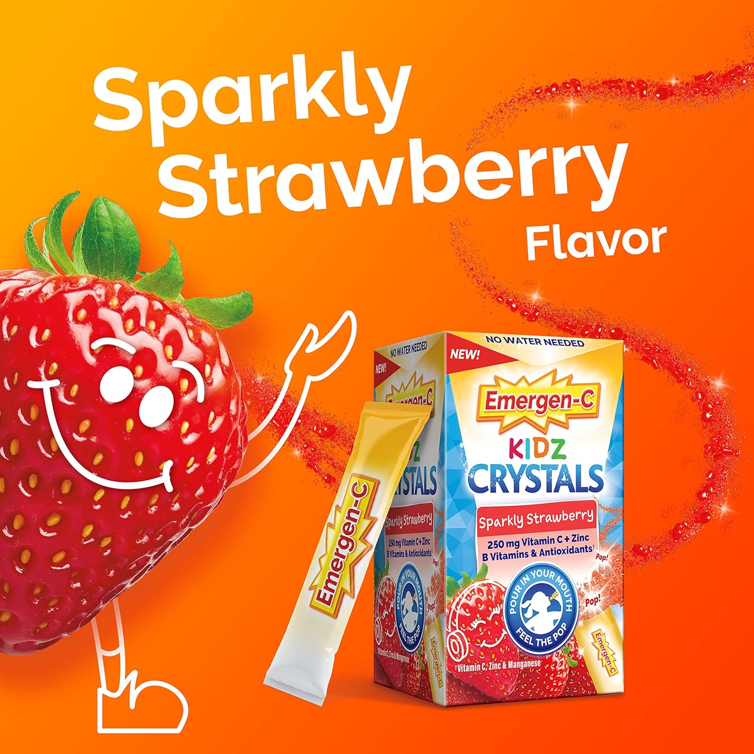 Sparkly Strawberry Emergen-C Kidz Crystals - On-The-Go Immune Support Supplement with Vitamin C, B Vitamins, Zinc, Manganese - 28 Stick Packs