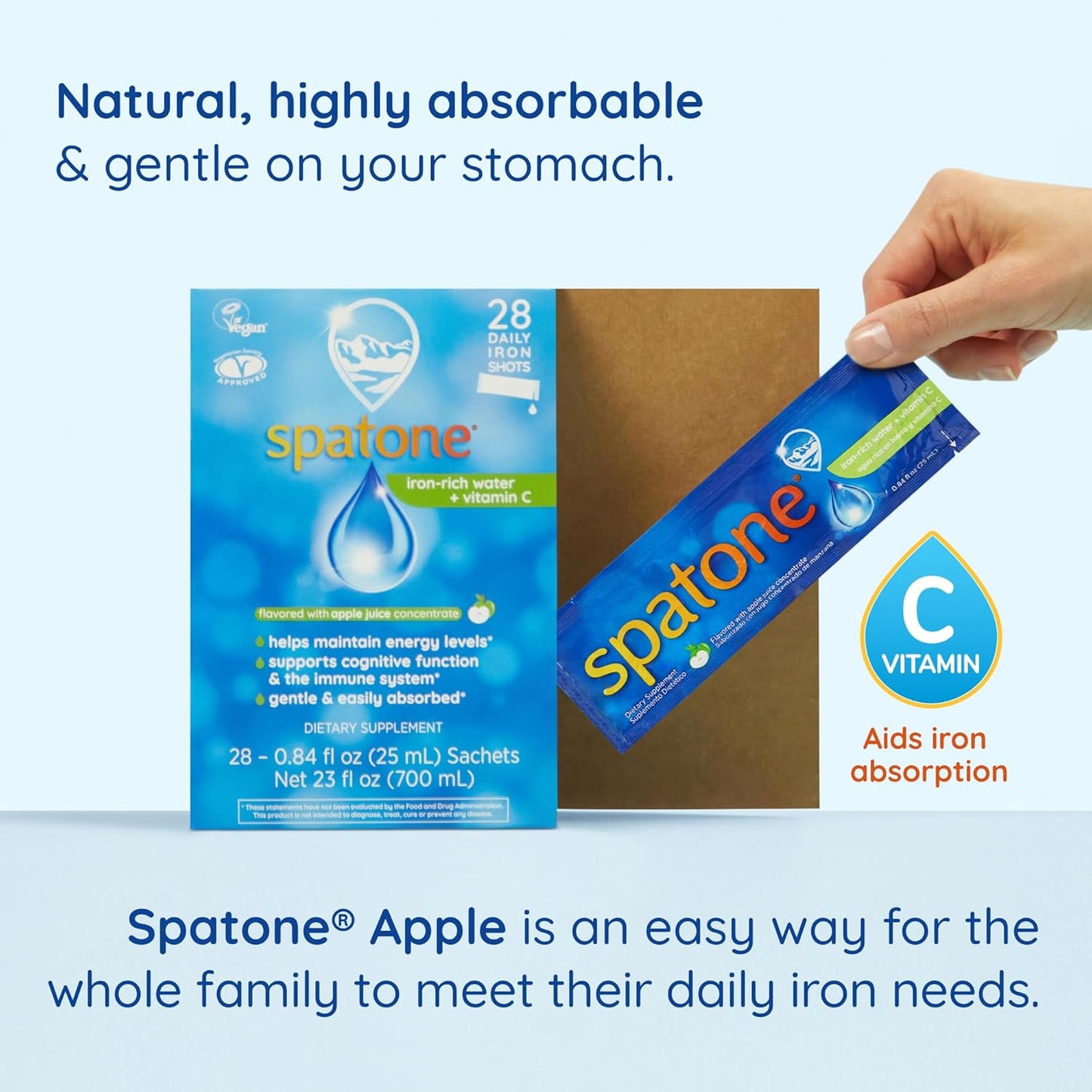 Spatone Liquid Iron Supplement with VIT C for Women, Men, & Kids 4+ - Pregnancy-Friendly - Vegan Apple Flavor - Easy Absorption - 28-Day Supply
