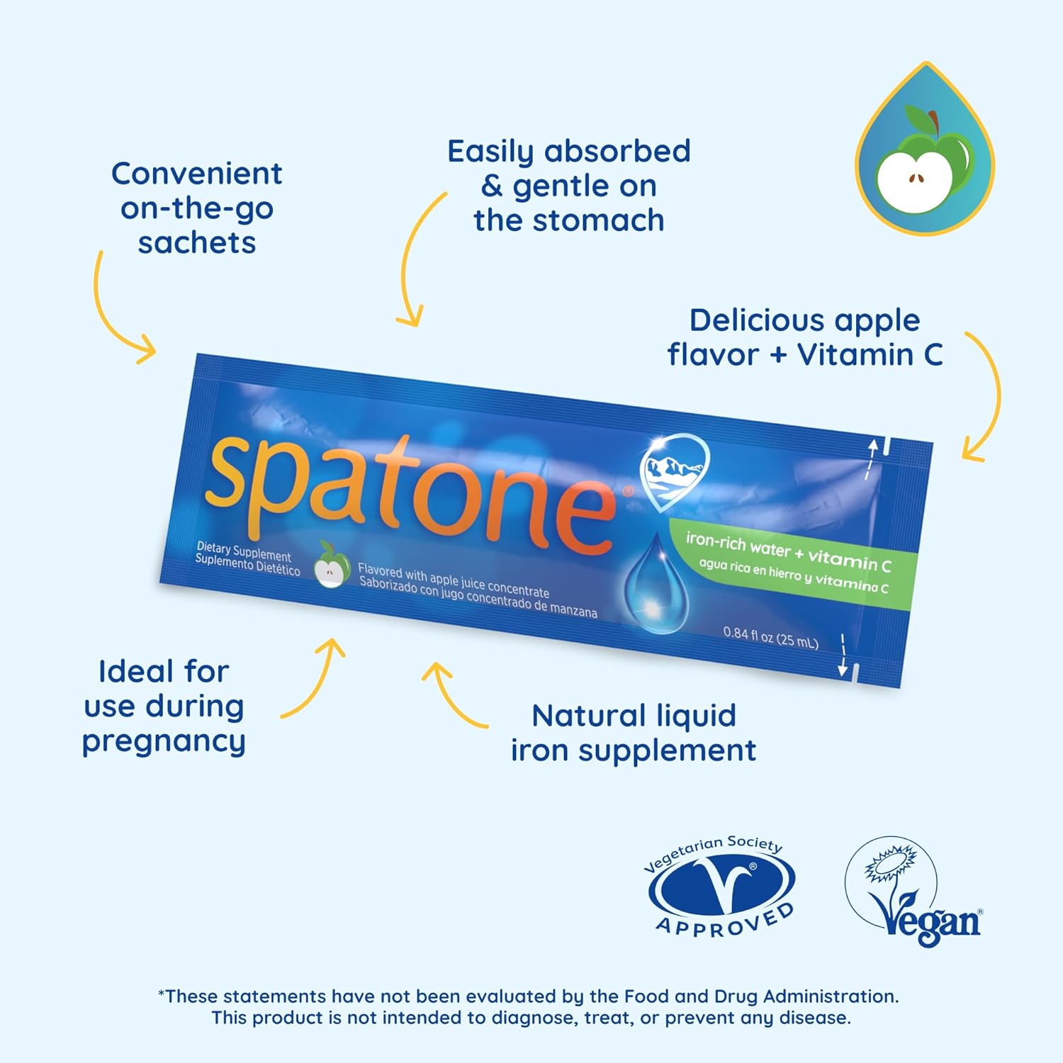 Spatone Liquid Iron Supplement with VIT C for Women, Men, & Kids 4+ - Pregnancy-Friendly - Vegan Apple Flavor - Easy Absorption - 28-Day Supply