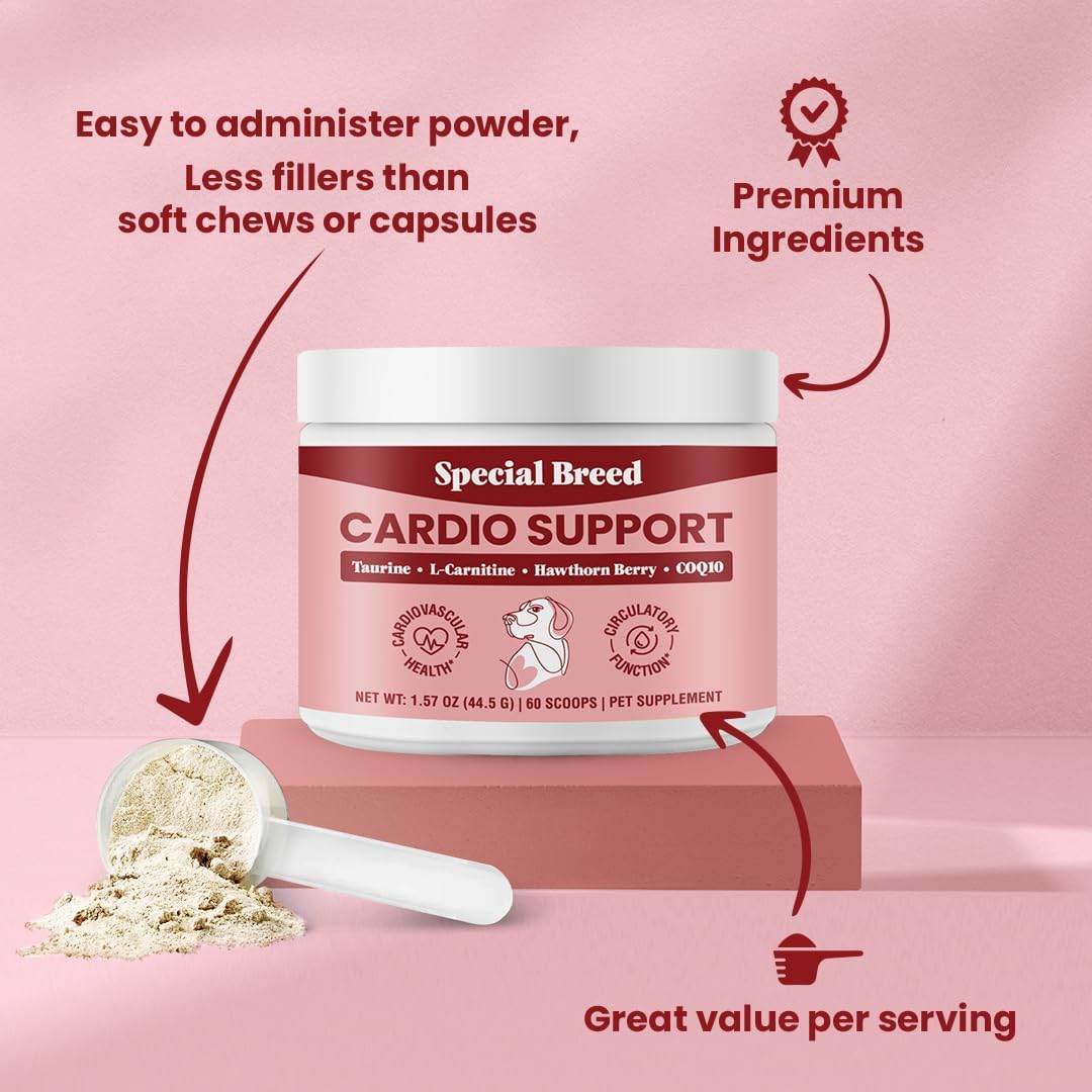 Special Breed Dog Cardio Support Powder Supplement - Heart Health with Taurine, CoQ10, Hawthorne Berry - 60 Scoops