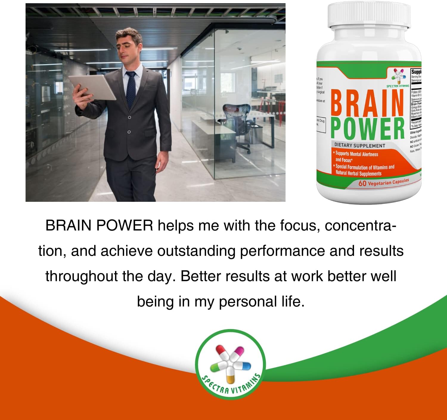 Spectra Vitamins Brain Power Capsules with Ginkgo Biloba & Gotu Kola for Memory & Focus - 60 Count