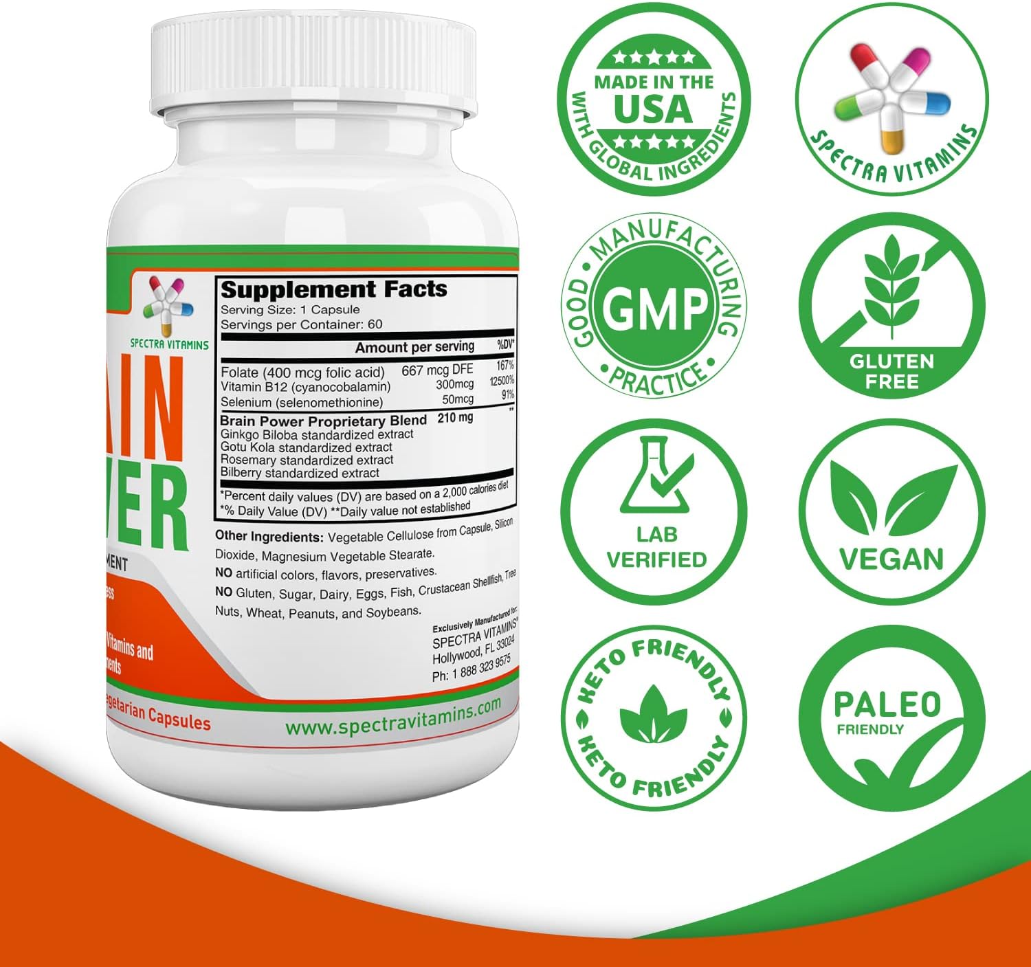 Spectra Vitamins Brain Power Capsules with Ginkgo Biloba & Gotu Kola for Memory & Focus - 60 Count
