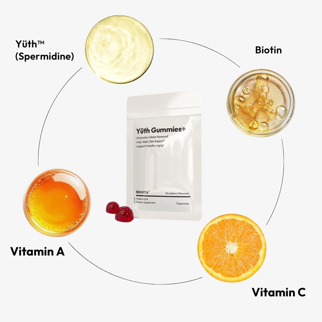 Spermidine-Infused BigVita Yuth Gummy+ for Skin, Hair, Nails | Collagen & Cellular Renewal Support with Biotin, Vitamin C & A | Anti-Aging Wellness Gummies
