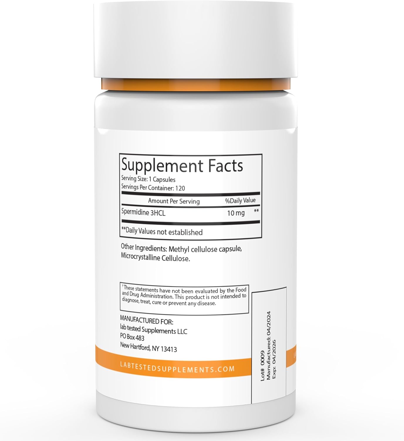 Spermidine Trihydrochloride 10mg Capsules - Lab Tested Supplement with 3rd Party COA's - 120 Capsules