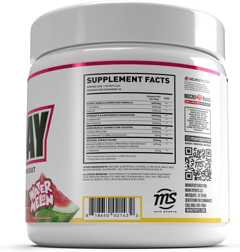 Sport Pre-Workout Energy Drink Mix - Watermelon Flavored with Natural Caffeine, 30 Days Supply, 330g