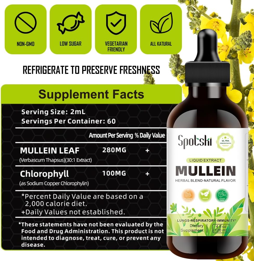 SPOTSKI Mullein Lung Detox Drops - Natural Sleep Aid & Immune Support, Non-GMO Tincture for Respiratory System, Vegetarian, 1 Month Supply