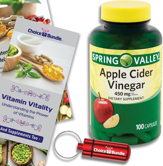 Spring Valley Apple Cider Vinegar Capsules 450 mg Bundle with Vitamin Guide and Pill Container (100 Ct)