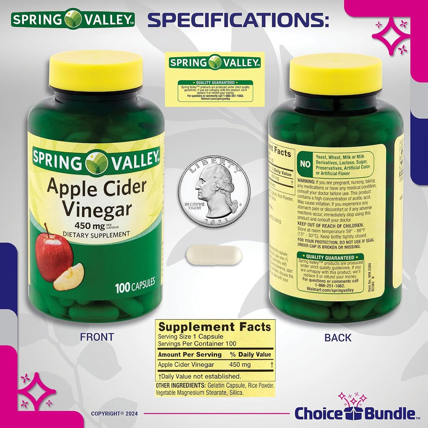 Spring Valley Apple Cider Vinegar Capsules 450 mg Bundle with Vitamin Guide and Pill Container (100 Ct)