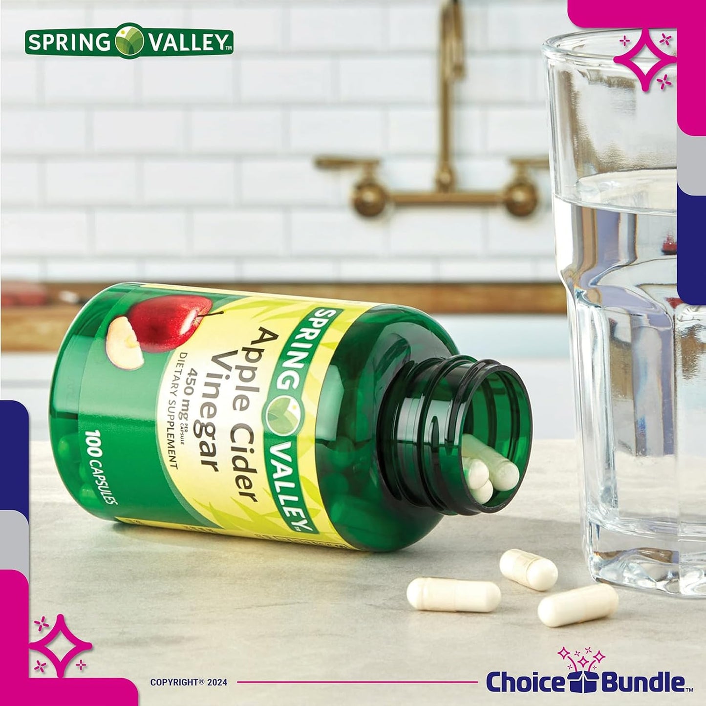 Spring Valley Apple Cider Vinegar Capsules 450 mg Bundle with Vitamin Guide and Pill Container (100 Ct)