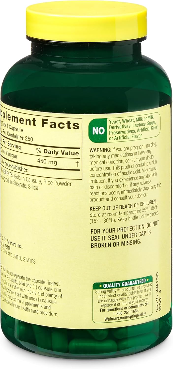 Spring Valley Apple Cider Vinegar Capsules, 450mg, 250 Count Value Size - Gluten-Free Dietary Supplement
