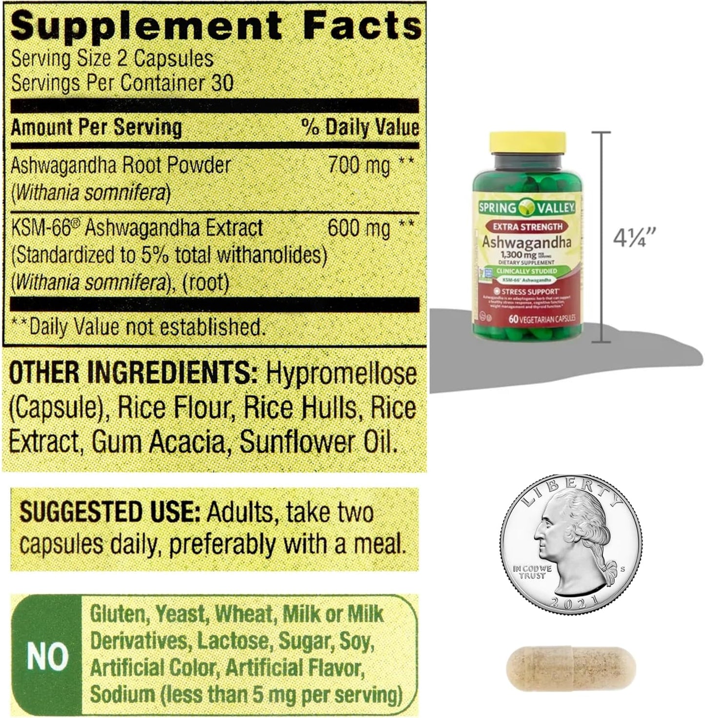 Spring Valley Ashwagandha 1300mg Capsules - Extra Strength Dietary Supplement - 60 Pills by Venancio's Shop