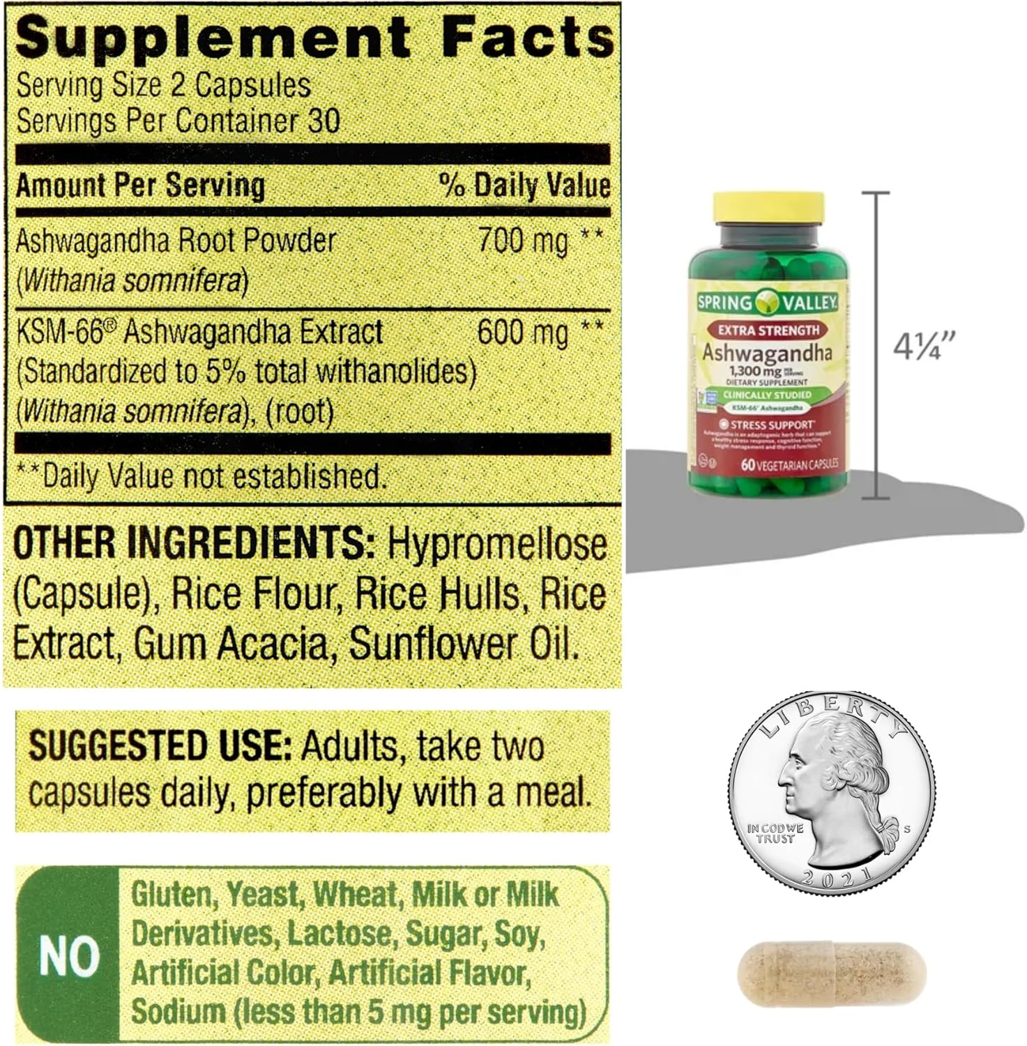 Spring Valley Ashwagandha 1300mg Capsules - Extra Strength Dietary Supplement - 60 Pills by Venancio's Shop