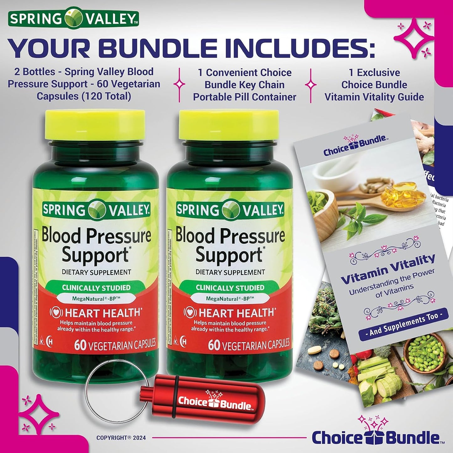 Spring Valley Blood Pressure Support Capsules 120 Count Bundle with Vitamin Guide & Pill Container - Vegetarian Formula for Heart Health and Wellness
