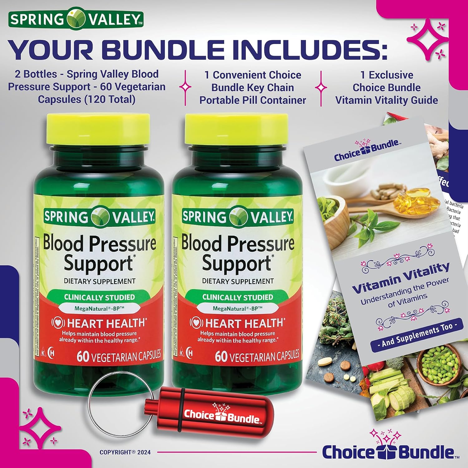 Spring Valley Blood Pressure Support Capsules 120 Count Bundle with Vitamin Guide & Pill Container - Vegetarian Formula for Heart Health and Wellness
