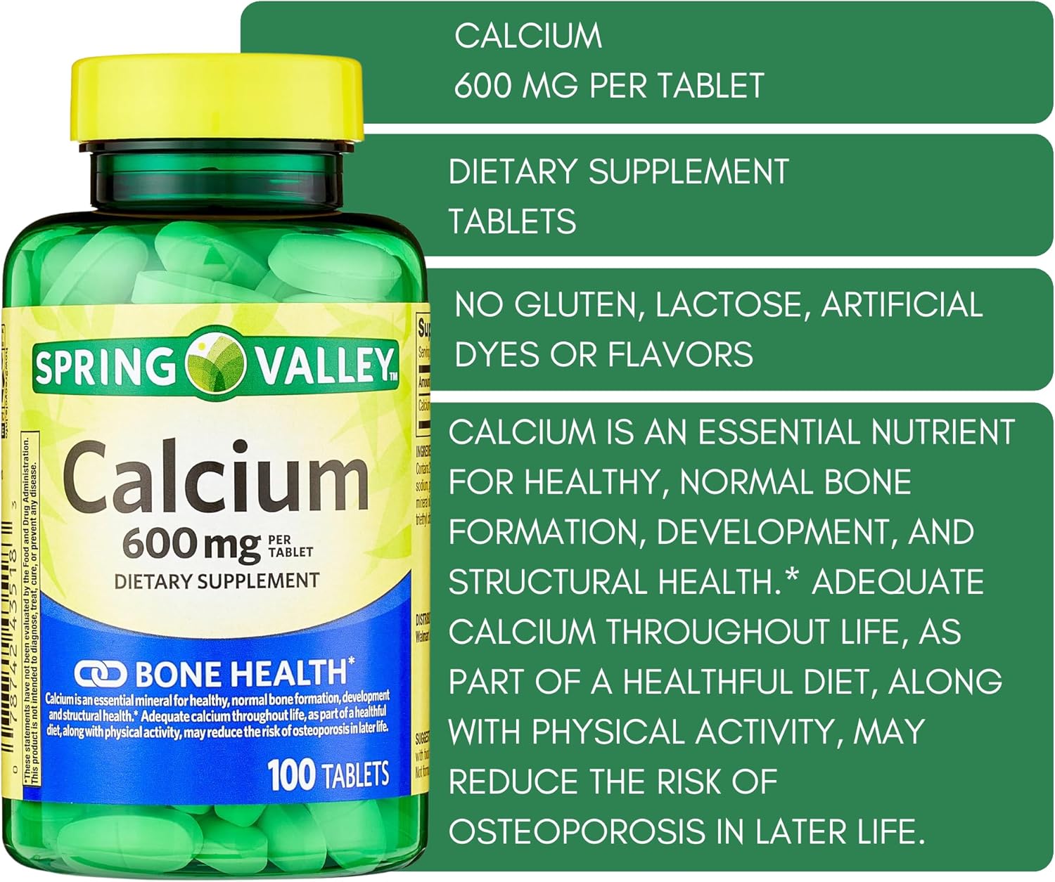 Spring Valley Calcium 600 mg 100 Tablets - Pack of 3, Venancio's Shop Bone Health Dietary Supplement