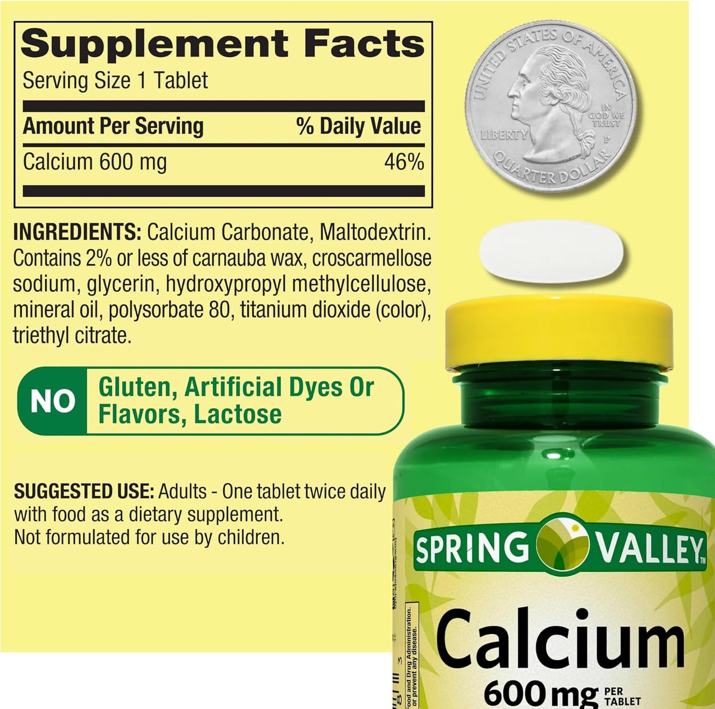 Spring Valley Calcium 600 mg Tablets - 100 Count - Dietary Supplement for Bone Health - Pack of 1