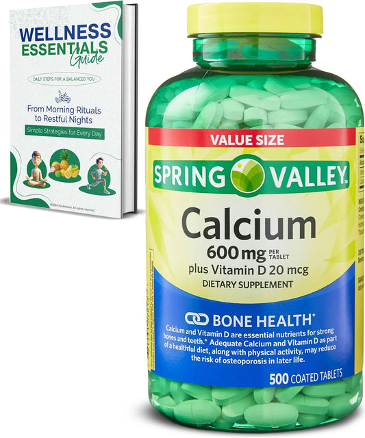 Spring Valley Calcium 600 mg with Vitamin D Tablets - 500 Count - Immune & Bone Support - Gluten-Free Dietary Supplement