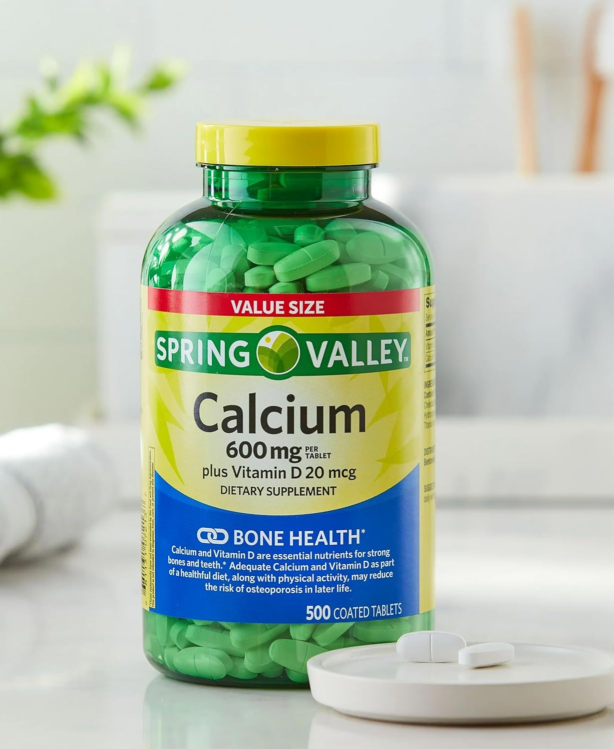 Spring Valley Calcium 600 mg with Vitamin D Tablets - 500 Count - Immune & Bone Support - Gluten-Free Dietary Supplement