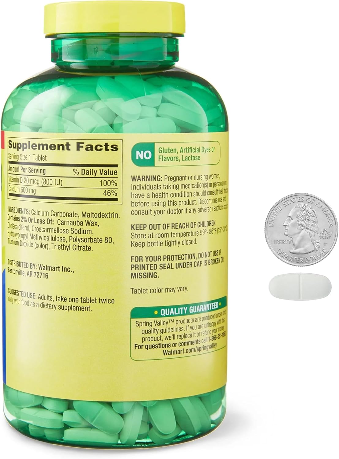 Spring Valley Calcium 600 mg with Vitamin D Tablets - 500 Count - Immune & Bone Support - Gluten-Free Dietary Supplement