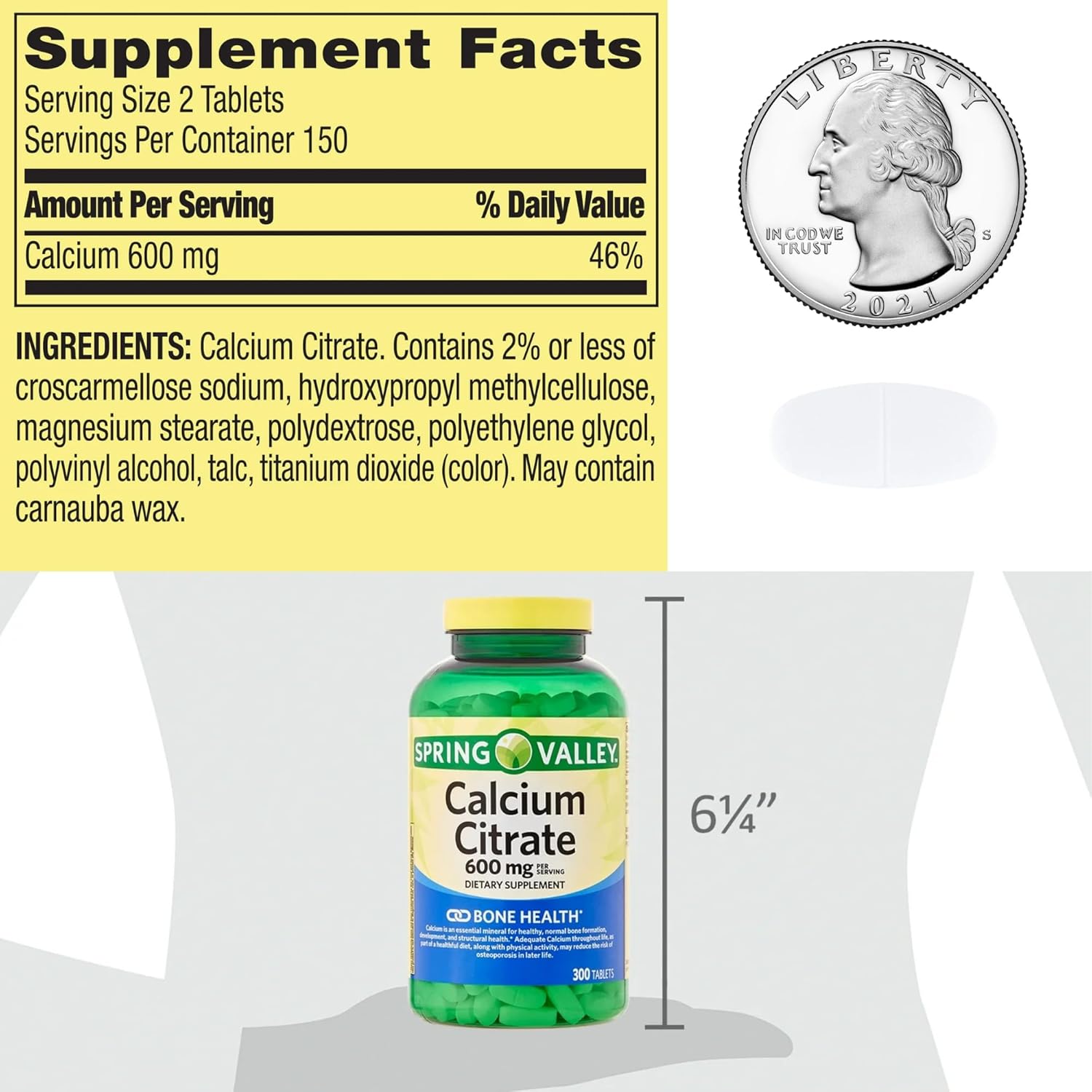 Spring Valley Calcium Citrate 600mg, 300 Tablets - Bone & Joint Health - Venancio's Shop