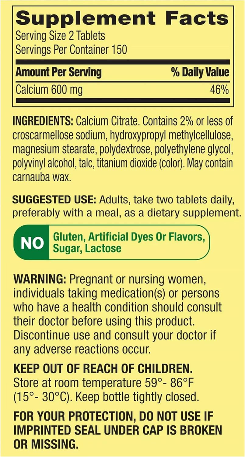 Spring Valley Calcium Citrate 600mg Tablets - Joint & Bone Health Supplement - Teeth & Colon Support - Cardiovascular System Boost - 300ct Gluten-Free - 5 Months Supply