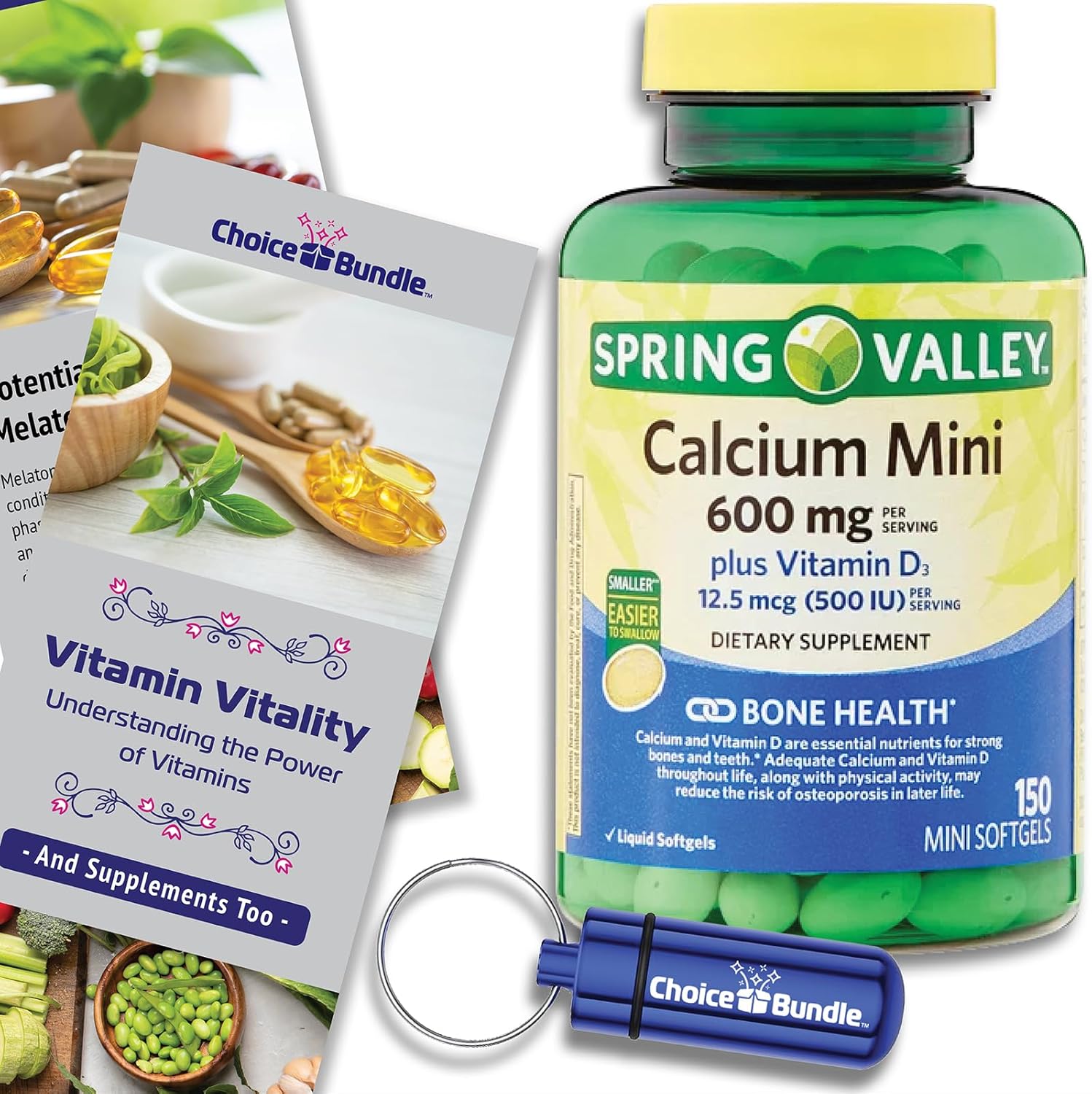 Spring Valley Calcium Plus Vitamin D3 Bundle: 150 Ct Mini Softgels with Vitamin Vitality Guide & Pill Container - 3 Items