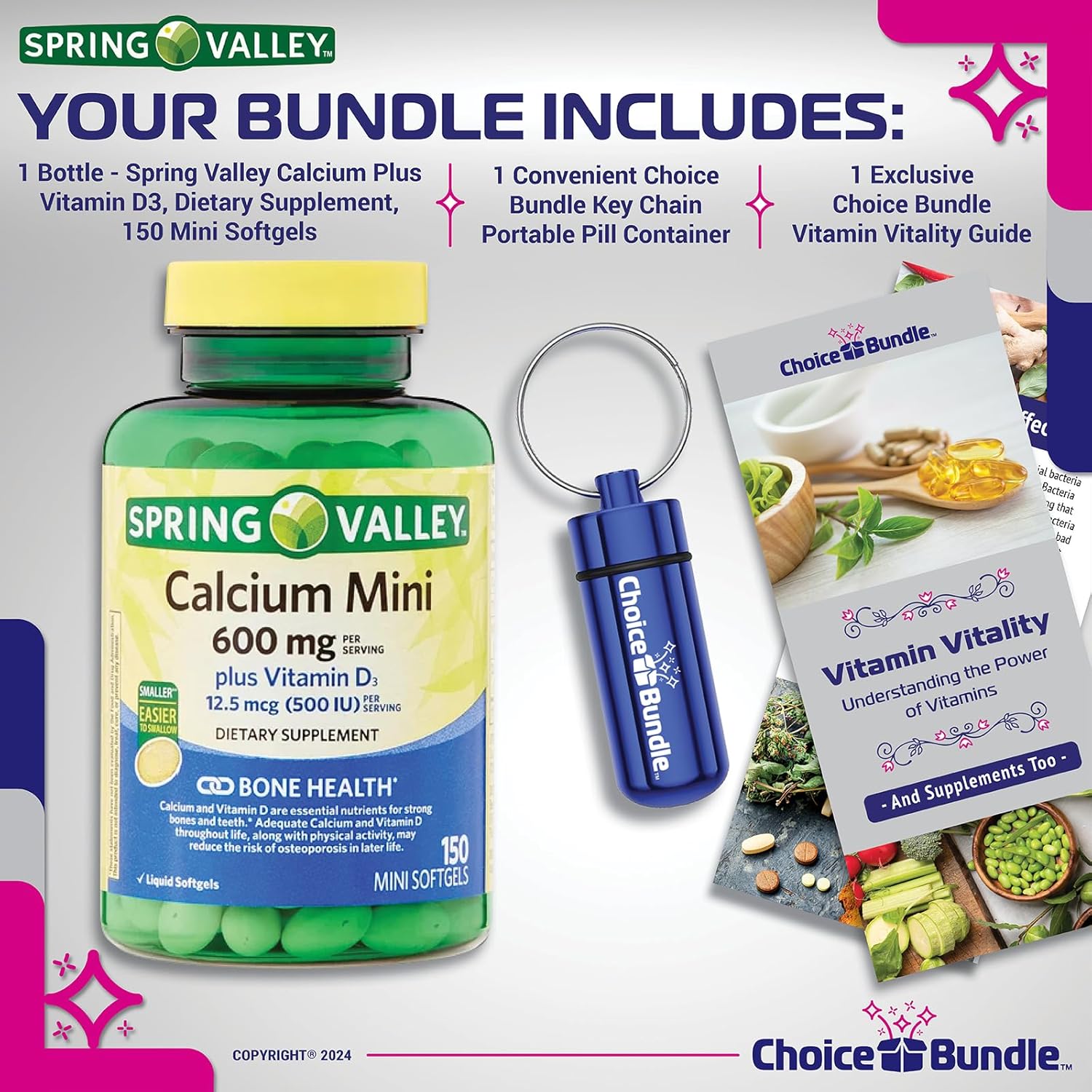 Spring Valley Calcium Plus Vitamin D3 Bundle: 150 Ct Mini Softgels with Vitamin Vitality Guide & Pill Container - 3 Items