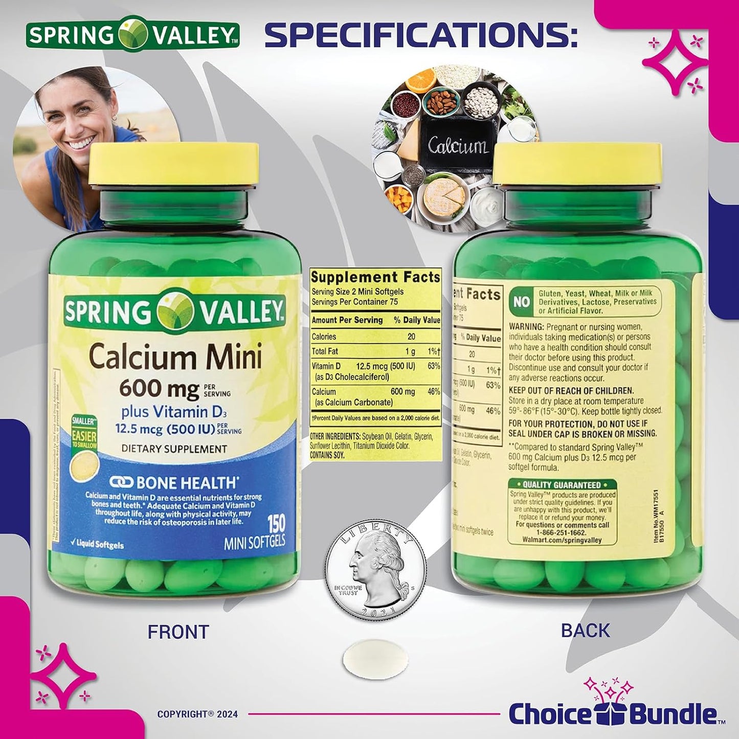 Spring Valley Calcium Plus Vitamin D3 Bundle: 150 Ct Mini Softgels with Vitamin Vitality Guide & Pill Container - 3 Items