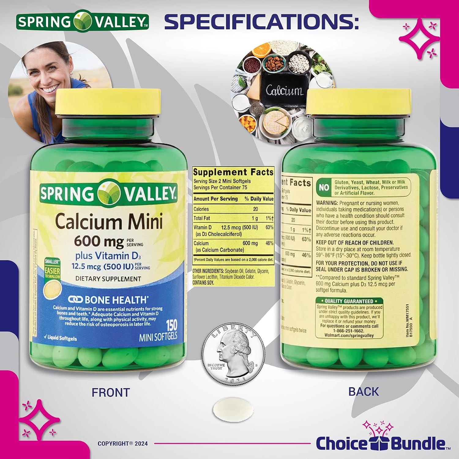 Spring Valley Calcium Plus Vitamin D3 Bundle: 150 Ct Mini Softgels with Vitamin Vitality Guide & Pill Container - 3 Items
