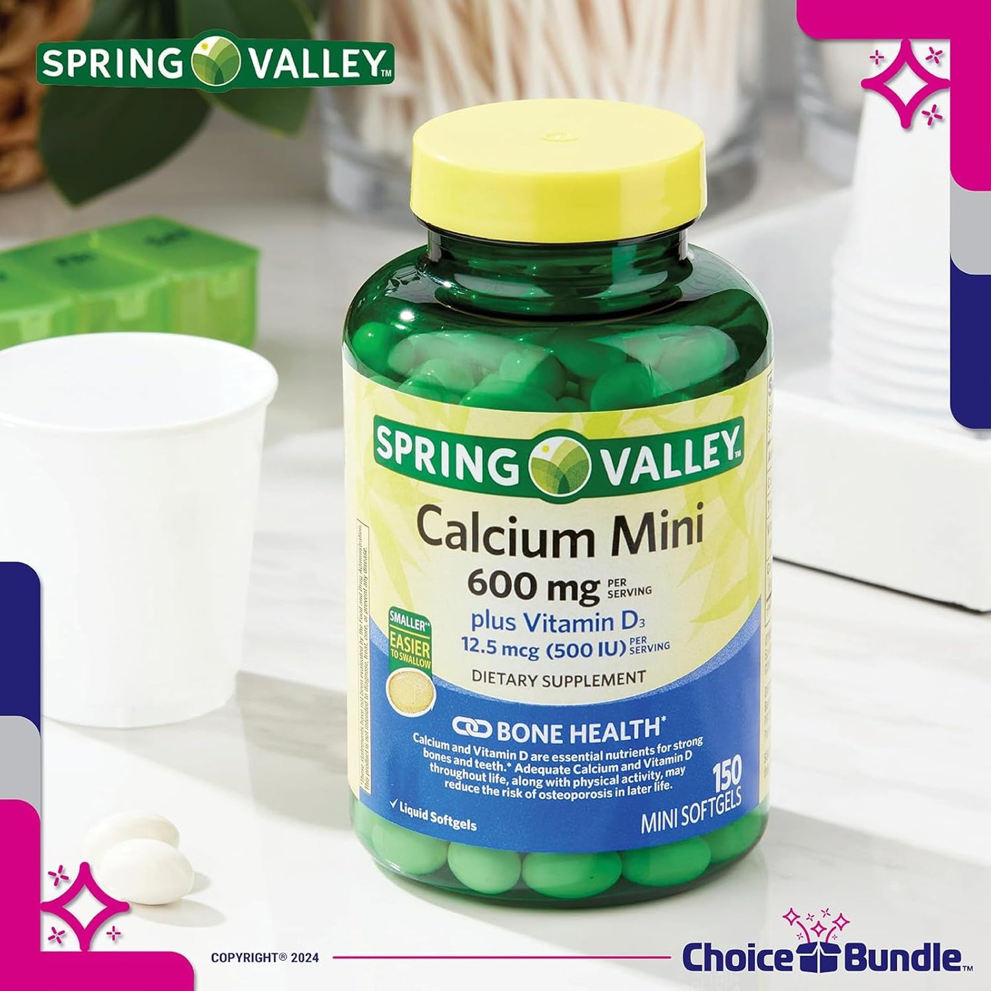Spring Valley Calcium Plus Vitamin D3 Bundle: 150 Ct Mini Softgels with Vitamin Vitality Guide & Pill Container - 3 Items