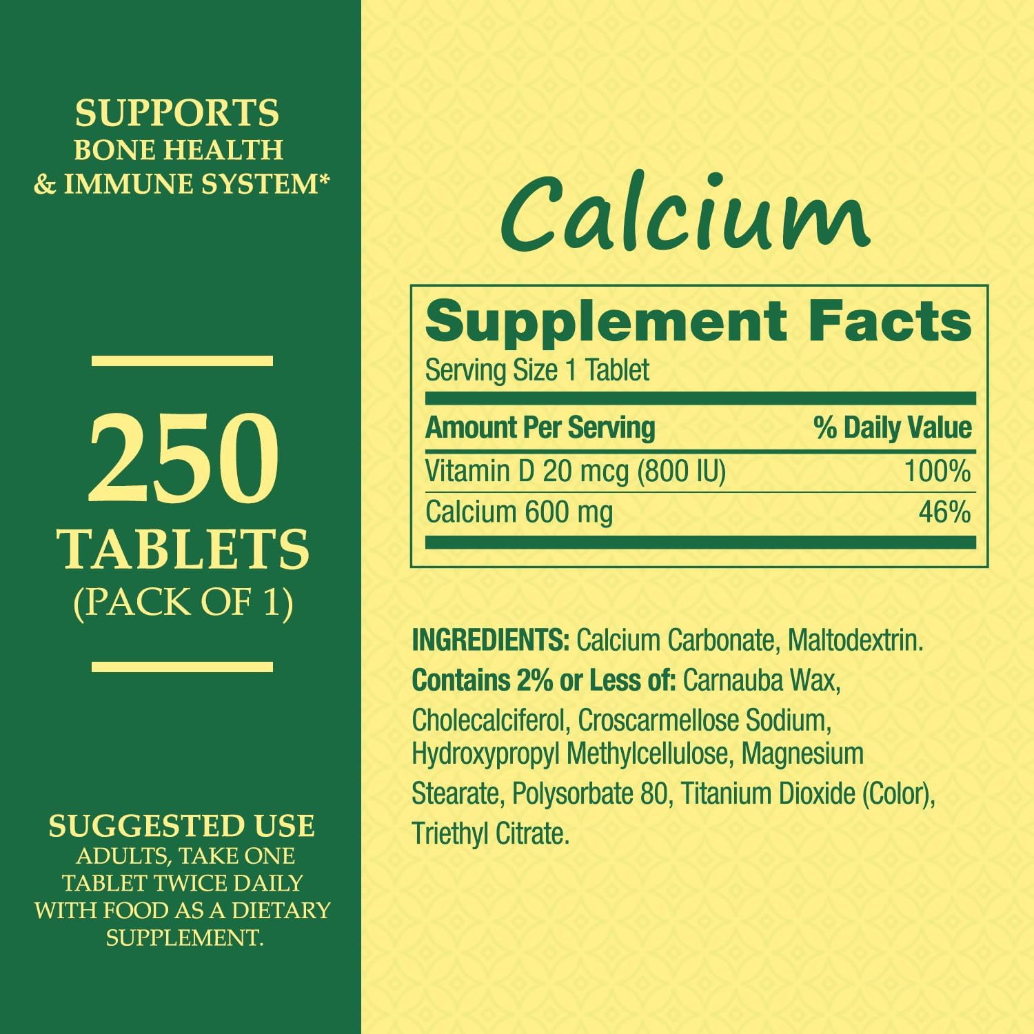 Spring-Valley Calcium Supplement with Vitamin D3 - 600 mg for Stronger Bones - 250 Tablets