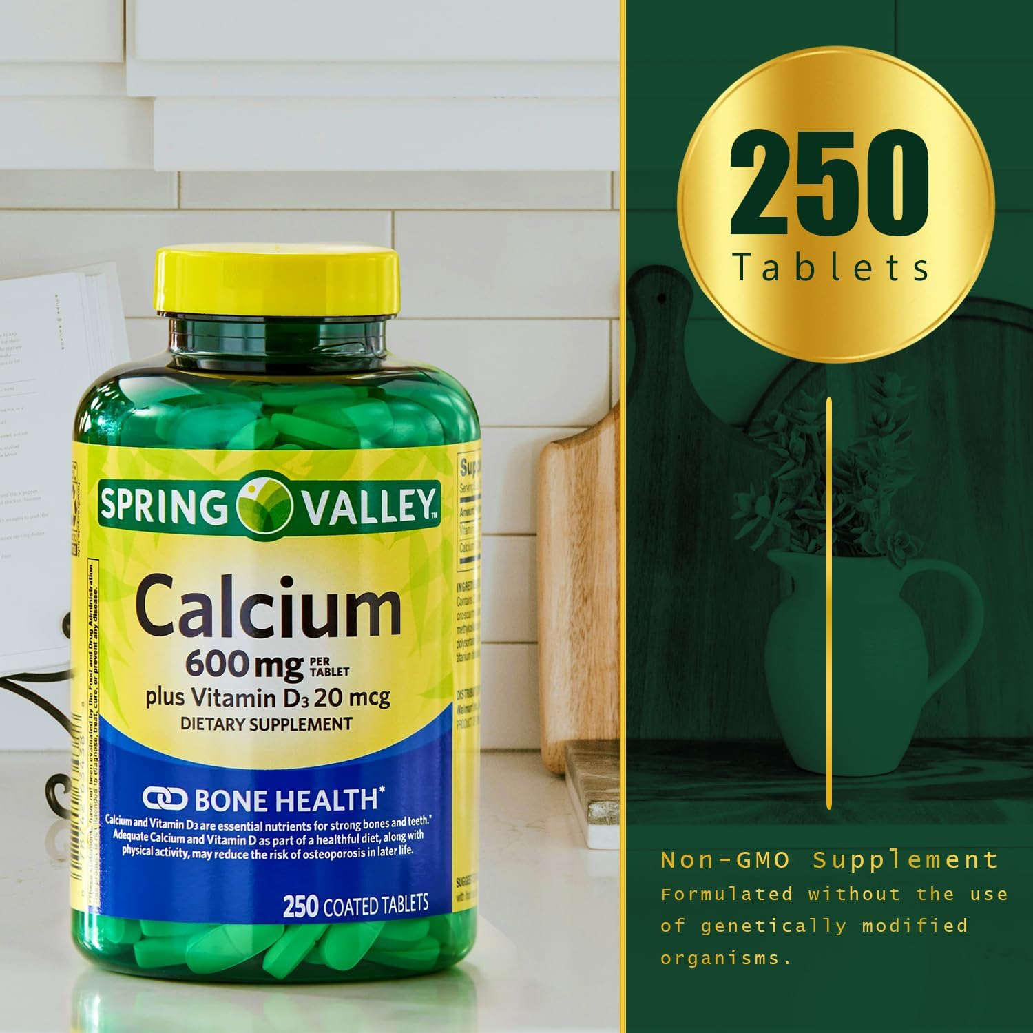 Spring-Valley Calcium Supplement with Vitamin D3 - 600 mg for Stronger Bones - 250 Tablets