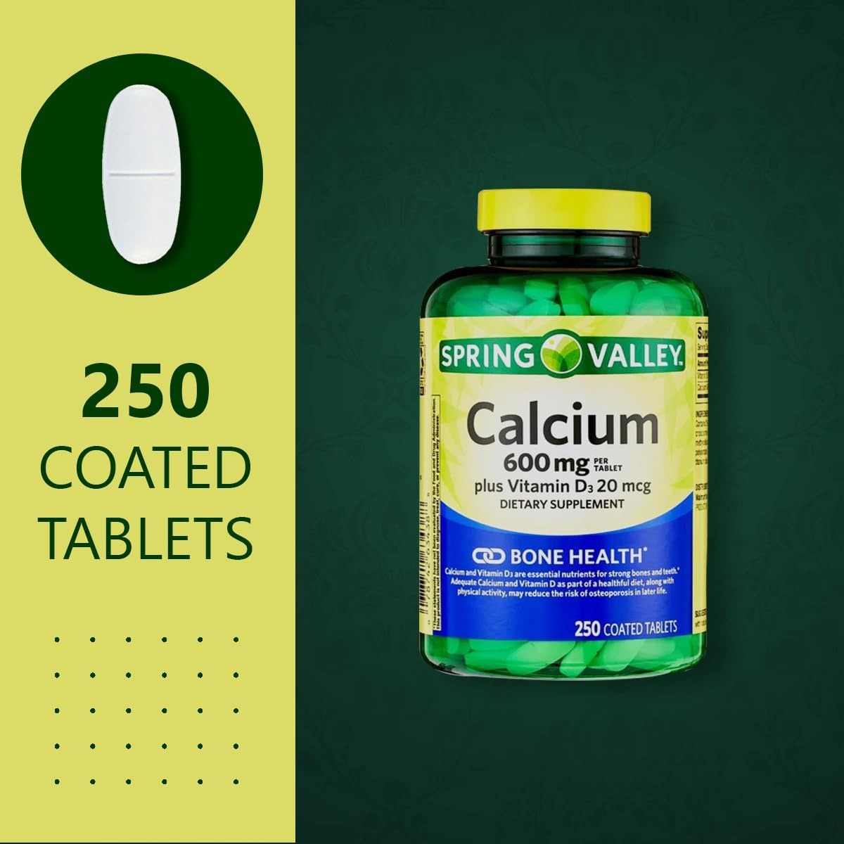 Spring-Valley Calcium Supplement with Vitamin D3 - 600 mg for Stronger Bones - 250 Tablets