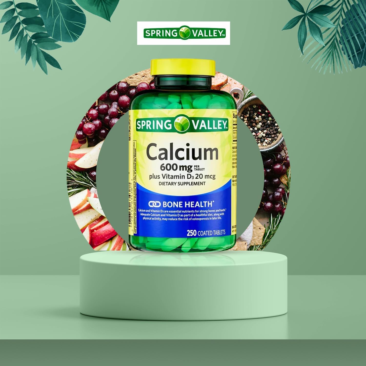 Spring-Valley Calcium Supplement with Vitamin D3 - 600 mg for Stronger Bones - 250 Tablets