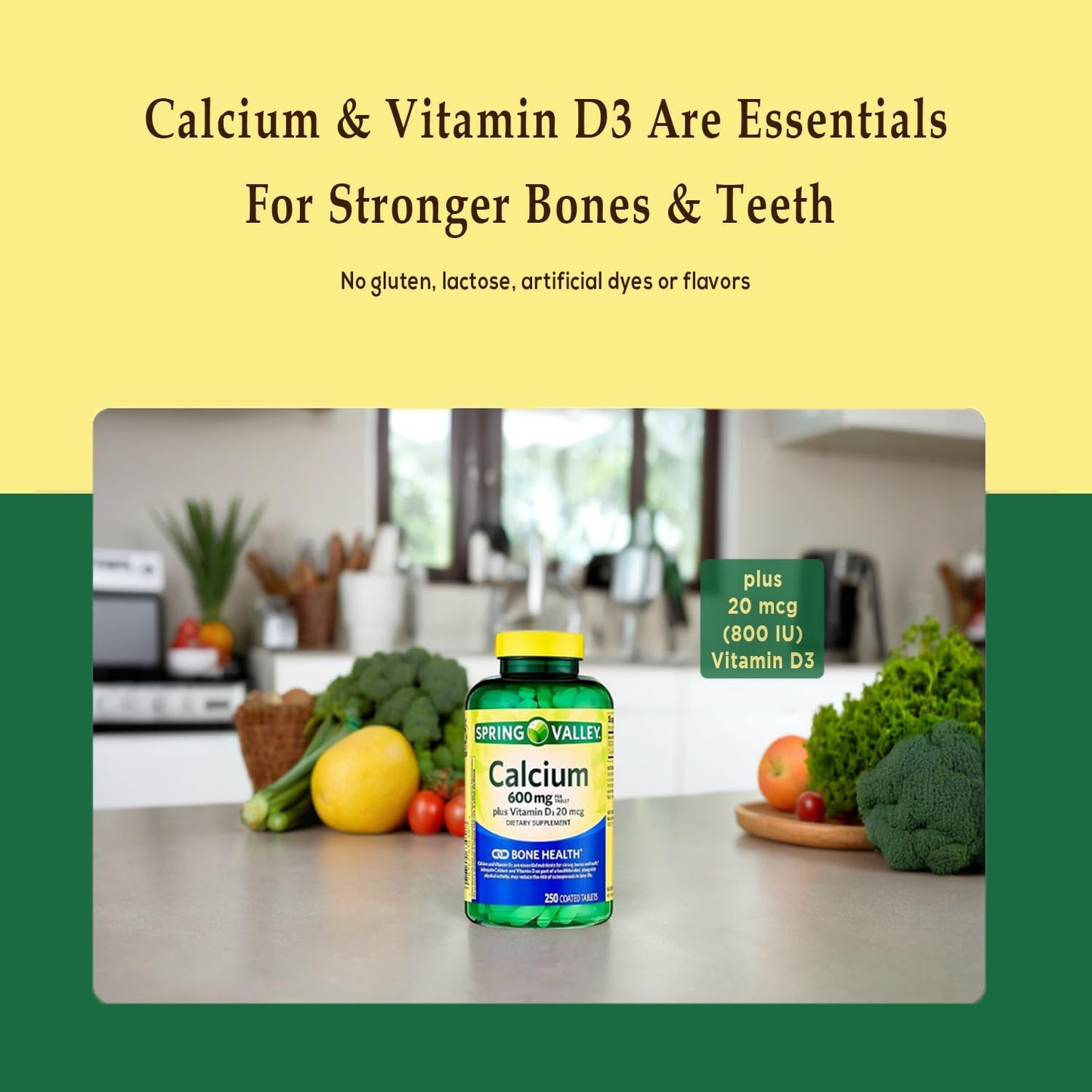 Spring-Valley Calcium Supplement with Vitamin D3 - 600 mg for Stronger Bones - 250 Tablets