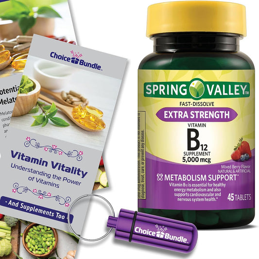 Spring Valley Extra Strength Vitamin B12 5000 mcg Fast Dissolve Tablets 45 Ct Bundle with Metabolism Support, Vitamin Guide, and Pill Container - 3 Items
