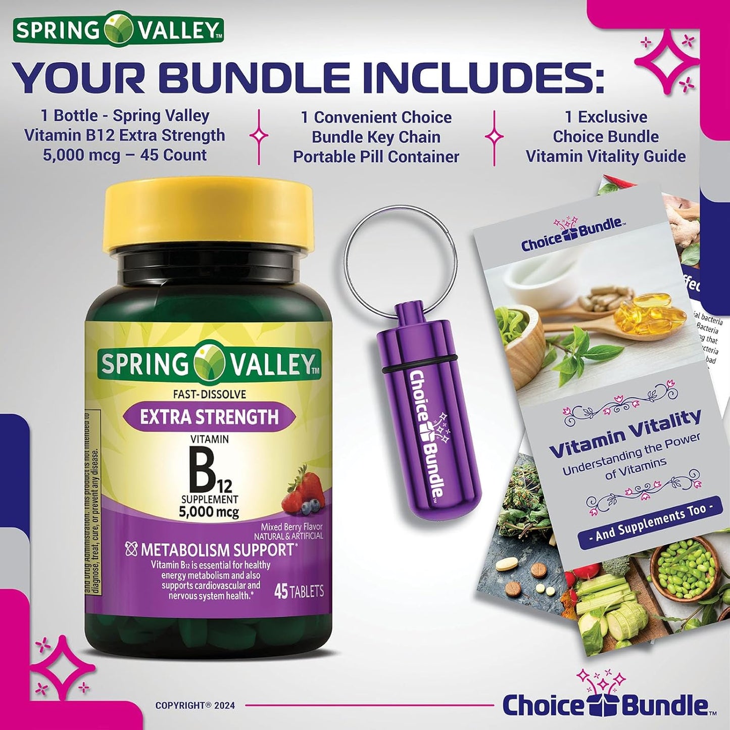 Spring Valley Extra Strength Vitamin B12 5000 mcg Fast Dissolve Tablets 45 Ct Bundle with Metabolism Support, Vitamin Guide, and Pill Container - 3 Items