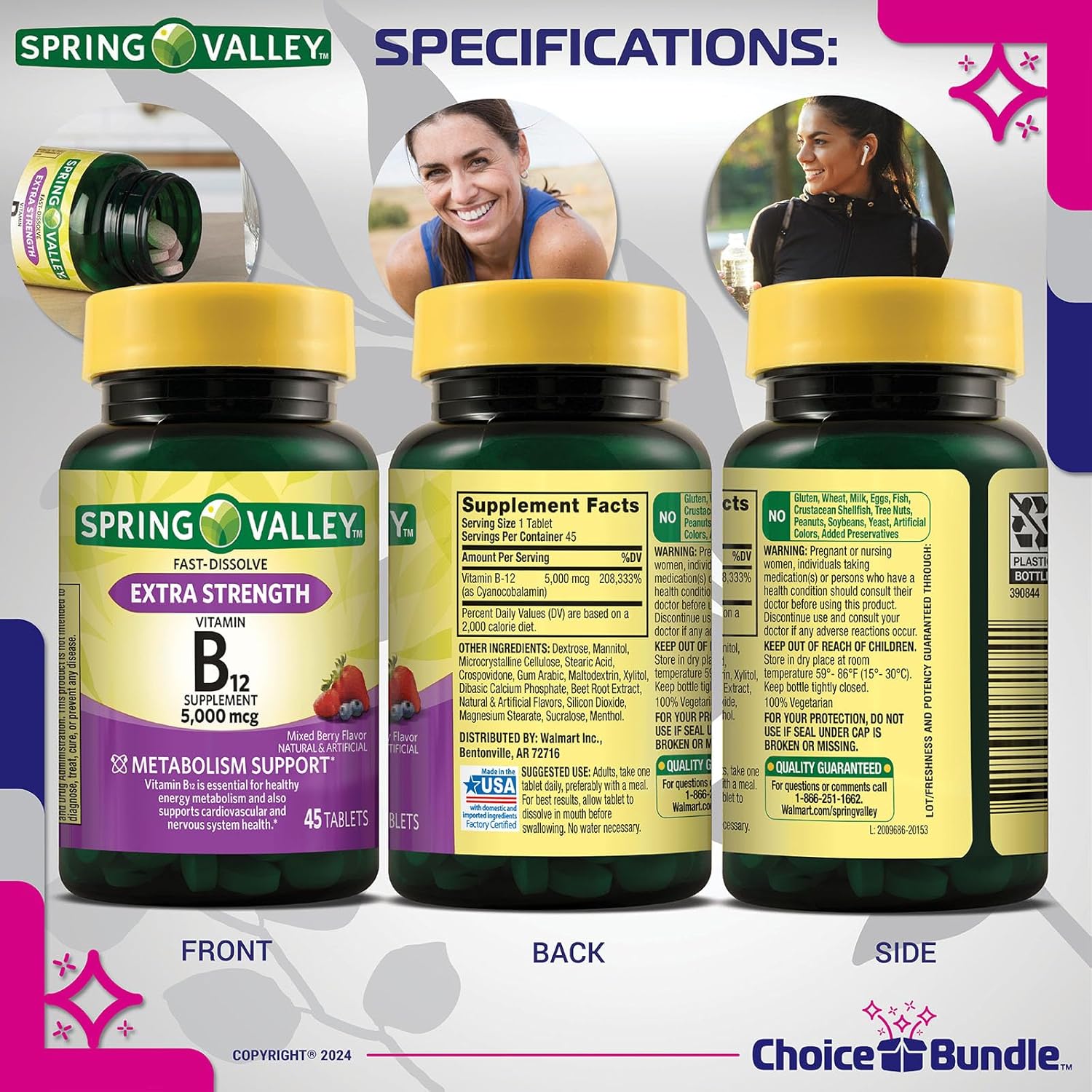 Spring Valley Extra Strength Vitamin B12 5000 mcg Fast Dissolve Tablets 45 Ct Bundle with Metabolism Support, Vitamin Guide, and Pill Container - 3 Items