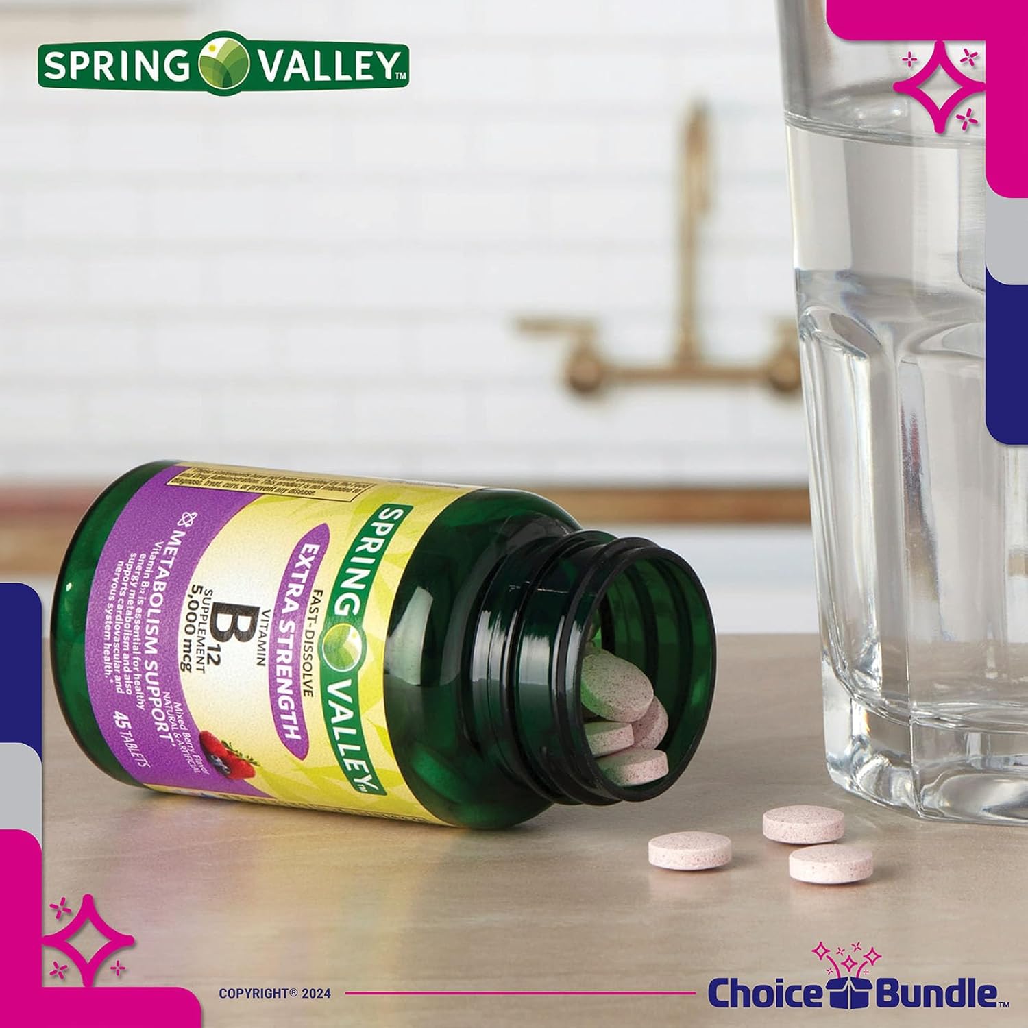 Spring Valley Extra Strength Vitamin B12 5000 mcg Fast Dissolve Tablets 45 Ct Bundle with Metabolism Support, Vitamin Guide, and Pill Container - 3 Items