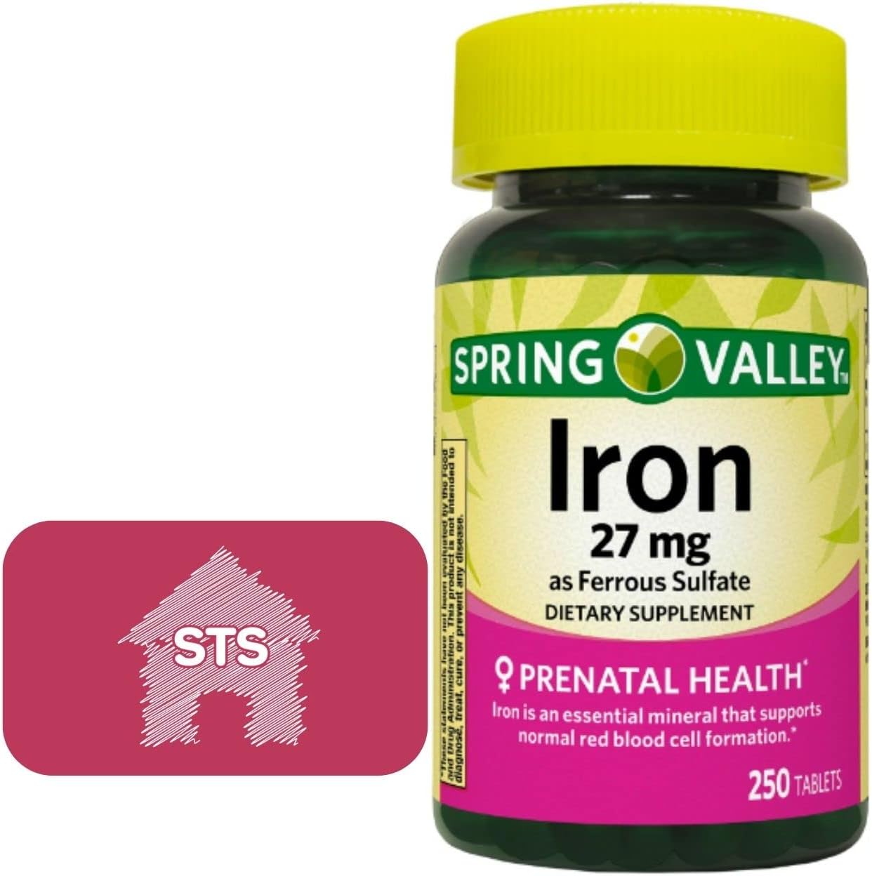 Spring Valley Ferrous Sulfate 27 mg Iron Supplement, 250 Count with STS Home Sticker