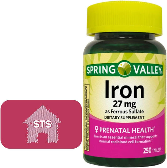 Spring Valley Ferrous Sulfate 27 mg Iron Supplement, 250 Count with STS Home Sticker