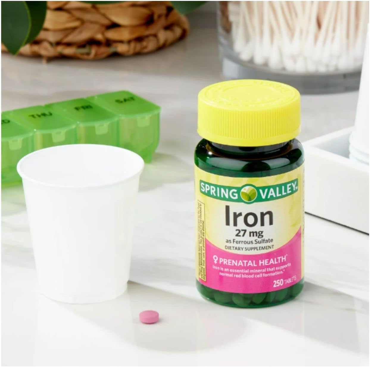 Spring Valley Ferrous Sulfate 27 mg Iron Supplement, 250 Count with STS Home Sticker