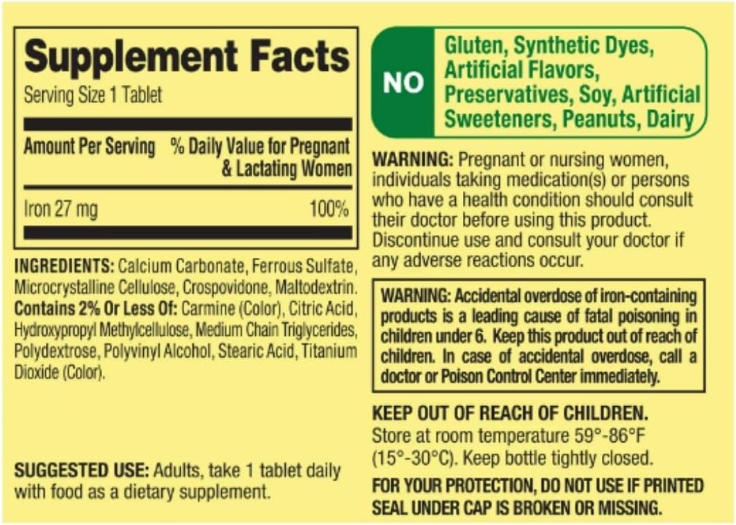 Spring Valley Ferrous Sulfate 27 mg Iron Supplement, 250 Count with STS Home Sticker