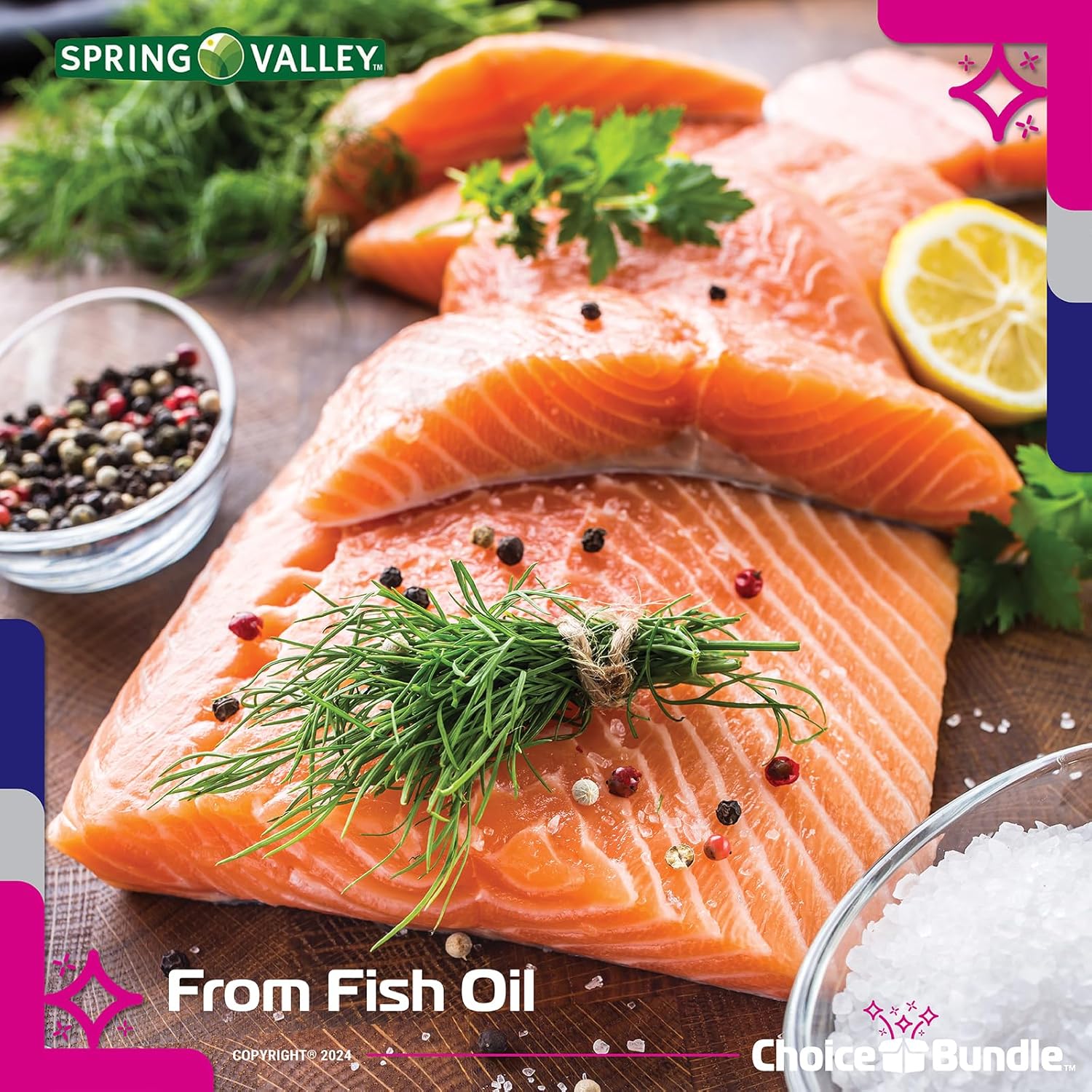 Spring Valley Fish Oil Omega-3 Fatty Acid Supplement Lemon Softgels 500mg 60 Ct 2 Pack Bundle with Vitamin Guide and Pill Container (120 Total)