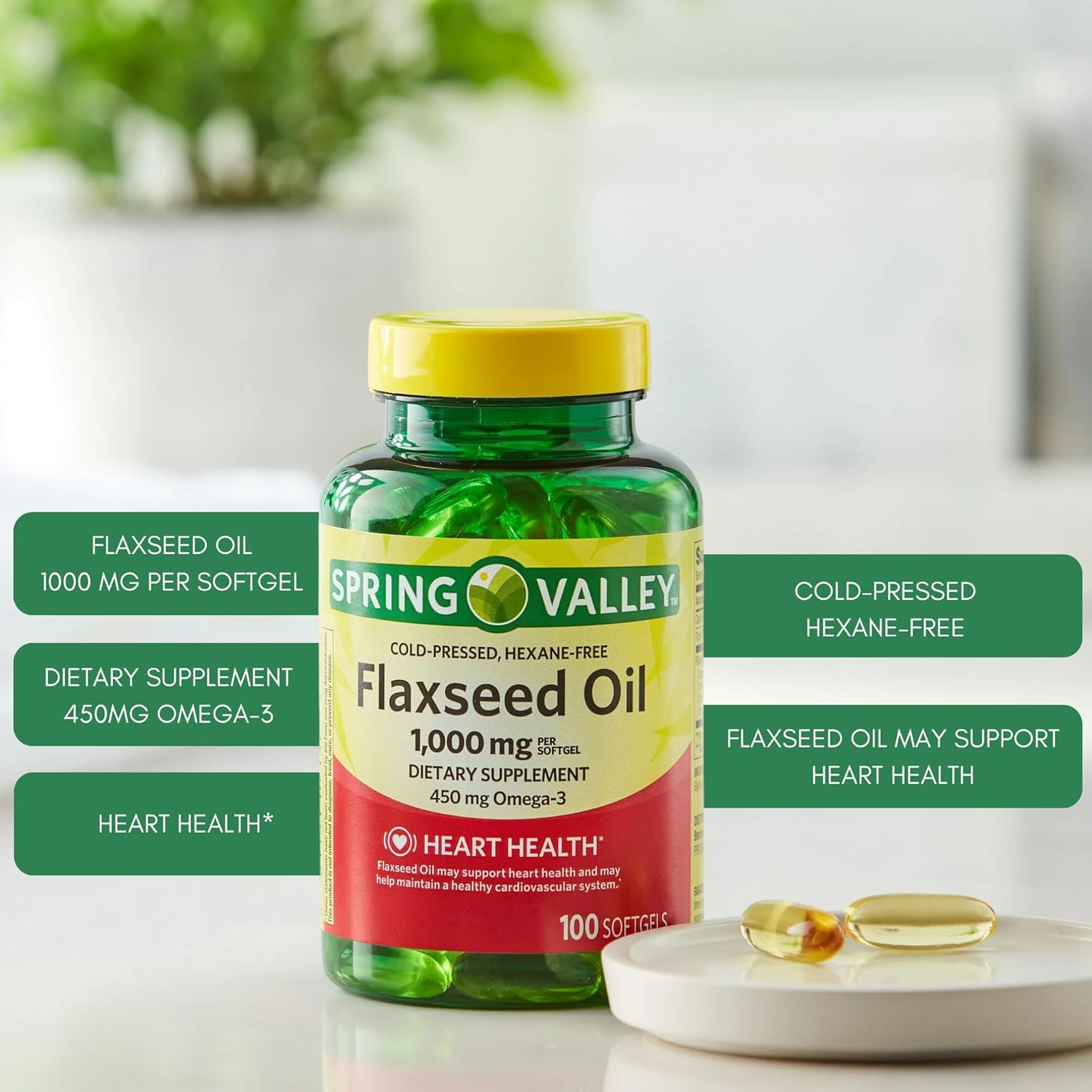 Spring Valley Flaxseed Oil Softgels - Vegan Omega 3, 6, 9 Supplement - 1000mg Flax Seed Oil Pills - 100 Count Pack - Venancio's Shop
