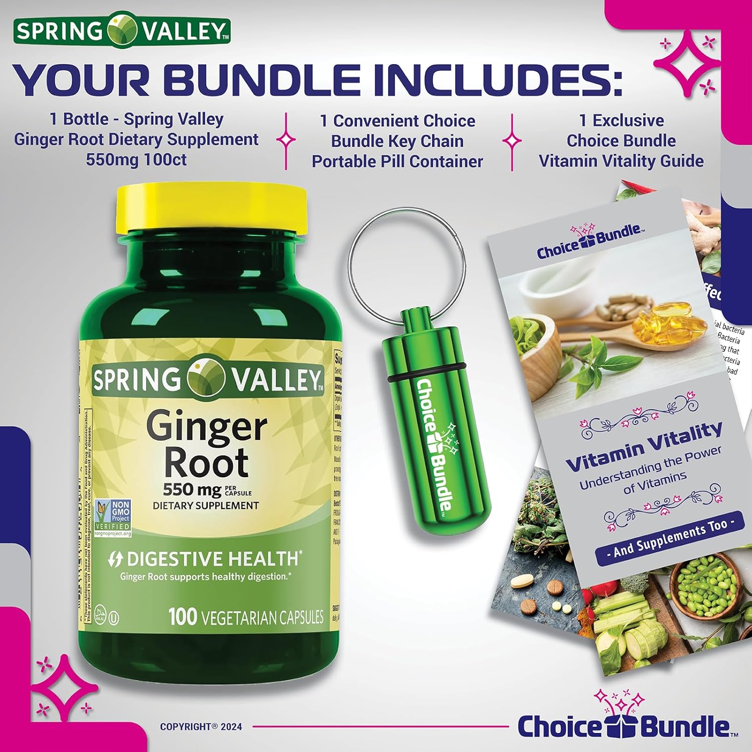 Spring Valley Ginger Root Digestive Health Supplement 550mg Capsules - 100 Ct Bundle with "Vitamin Vitality" Guide and Pill Container - 3 Items