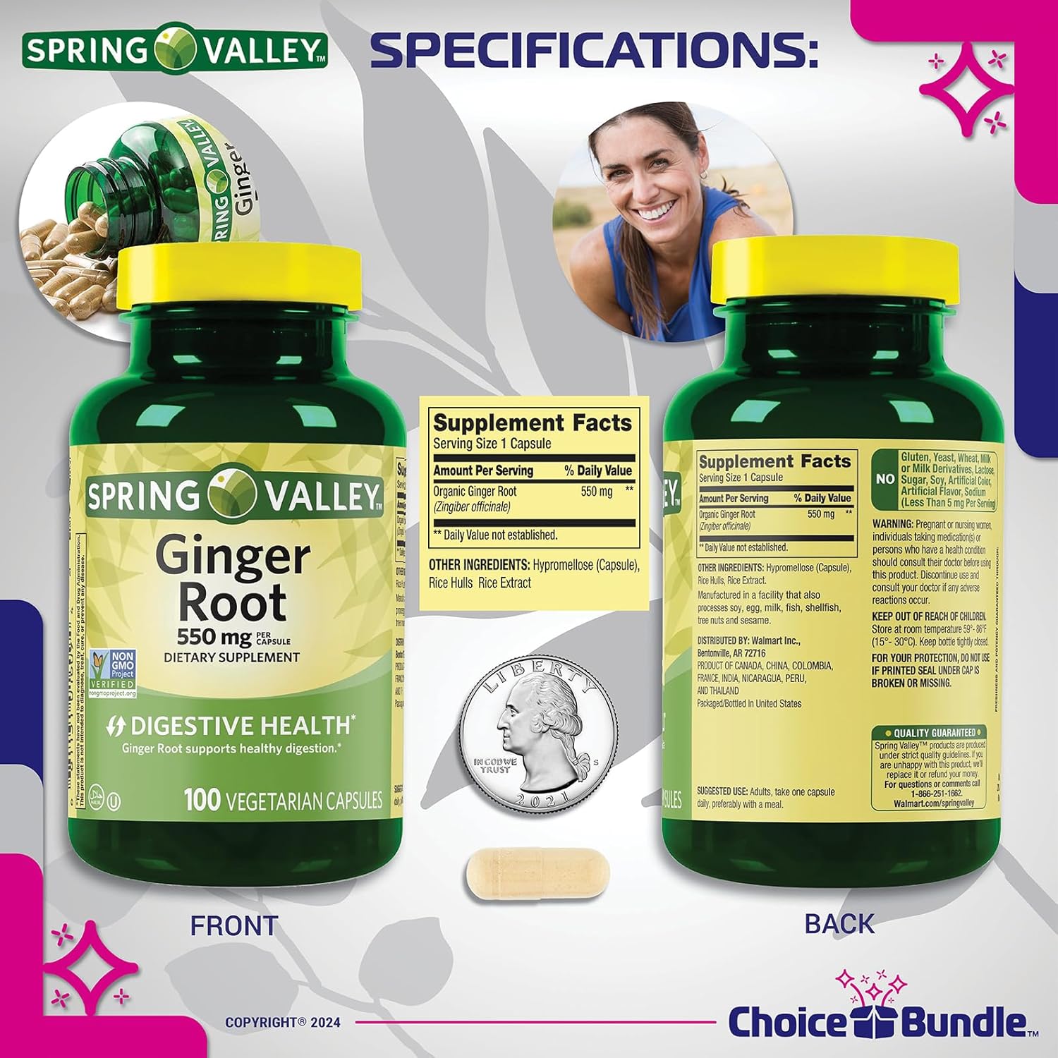 Spring Valley Ginger Root Digestive Health Supplement 550mg Capsules - 100 Ct Bundle with "Vitamin Vitality" Guide and Pill Container - 3 Items