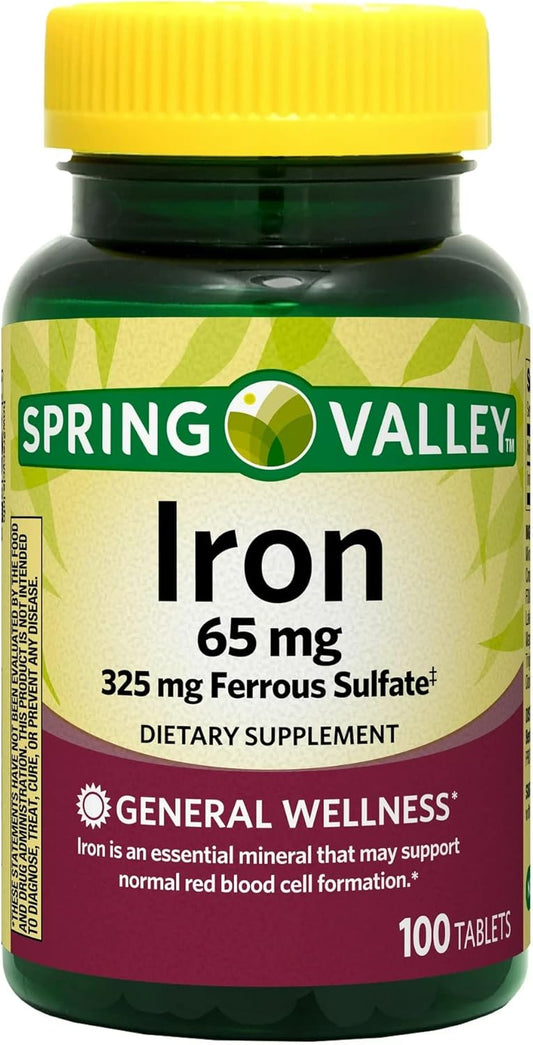 Spring Valley Iron Supplement - 65 mg, 100 Tablets for Iron Deficiency Support